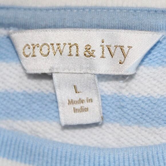 Crown & Ivy Light Blue White Striped Long Puff Sleeve Pullover Women’s Large - Picture 3 of 3